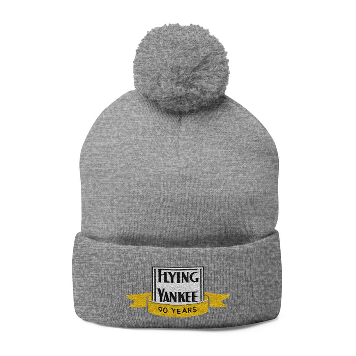 90 Years of the Flying Yankee Pom-Pom Knit Cap - Cozy Gray Beanie for Winter Celebrations